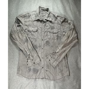 BKE Buckle Shirt Men Large Grey Dapple Metal Snap Epaulettes Pockets Long Sleeve